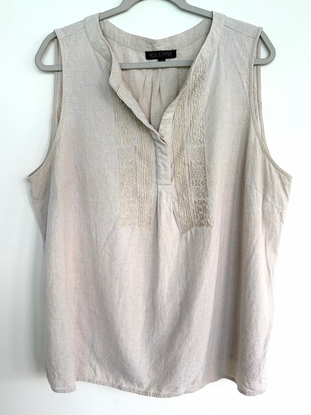 Rose & Thyme 2X Linen Blend Embroidered Sleeveless Tunic Top Beige